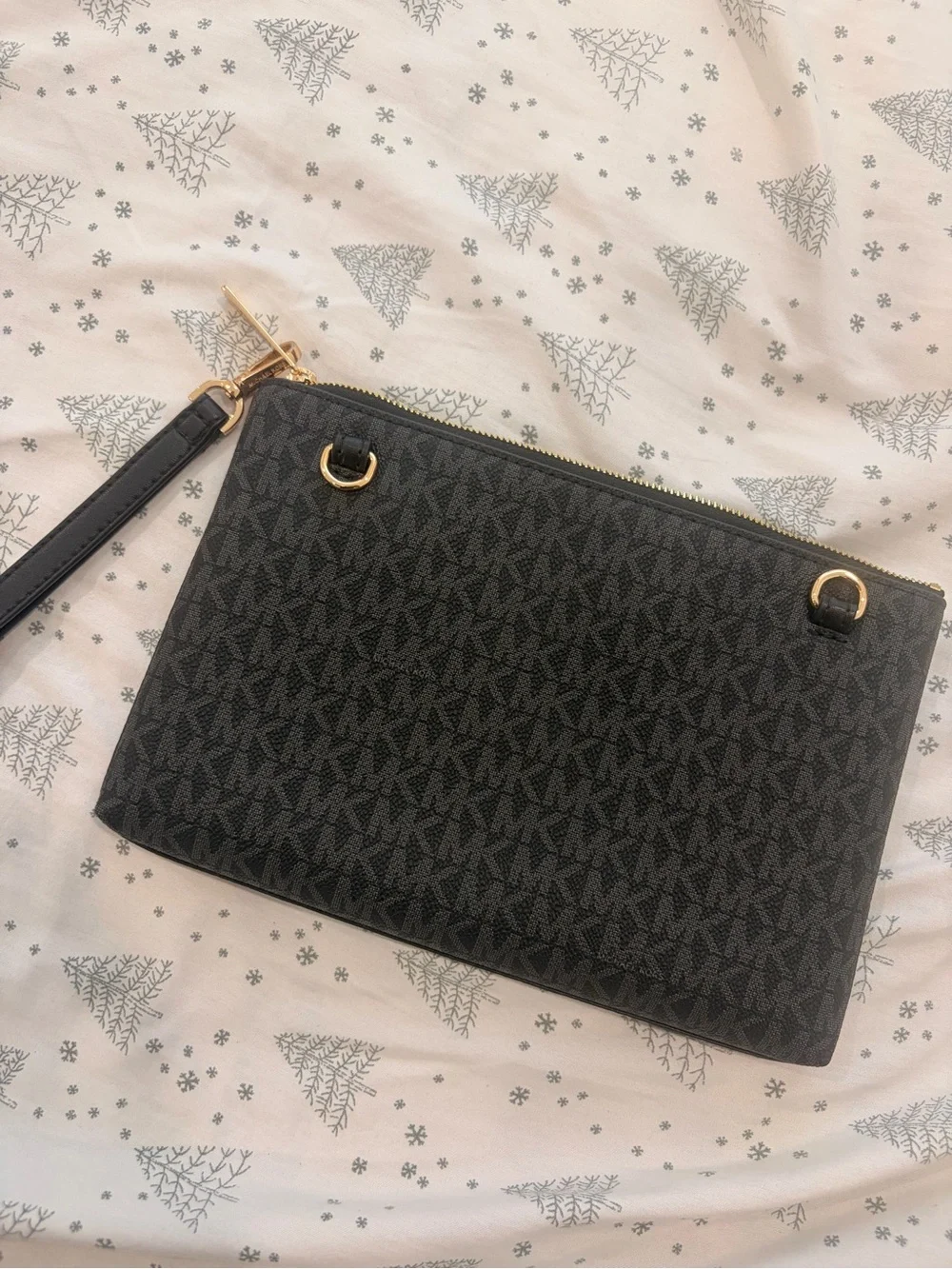 Michael Kors Black Monogram Wristlet Clutch with Gold Hardware